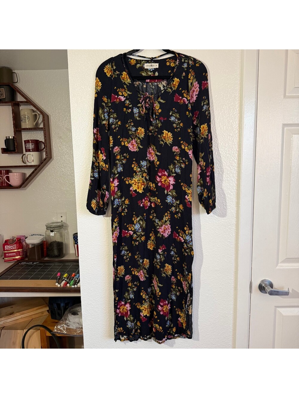 Natural Life Floral Rayon Midi Dress M Boho Cottagecore Black Tie Neck